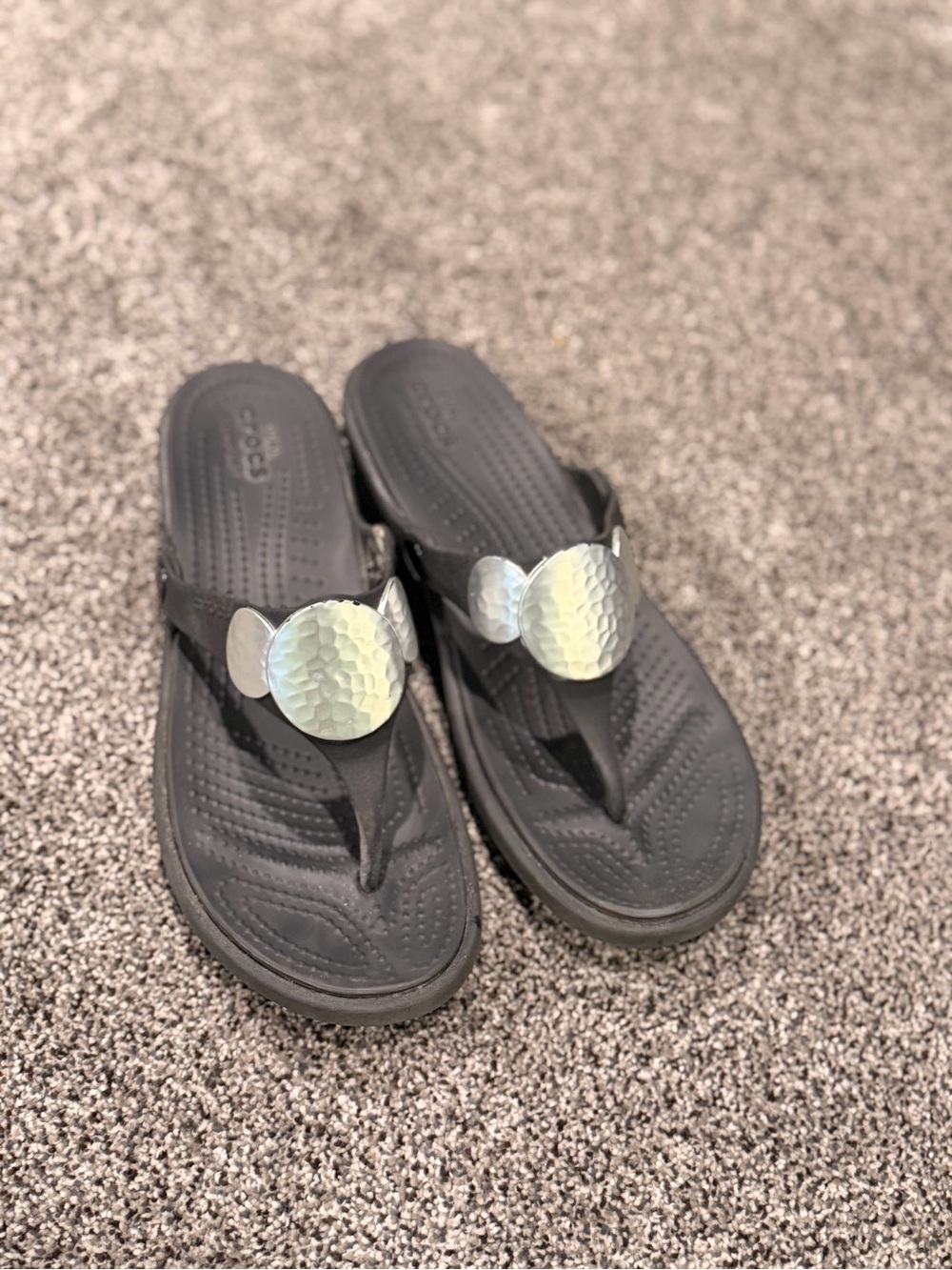 CROCS Black Flip Sandals with Iridescent Disc Accents